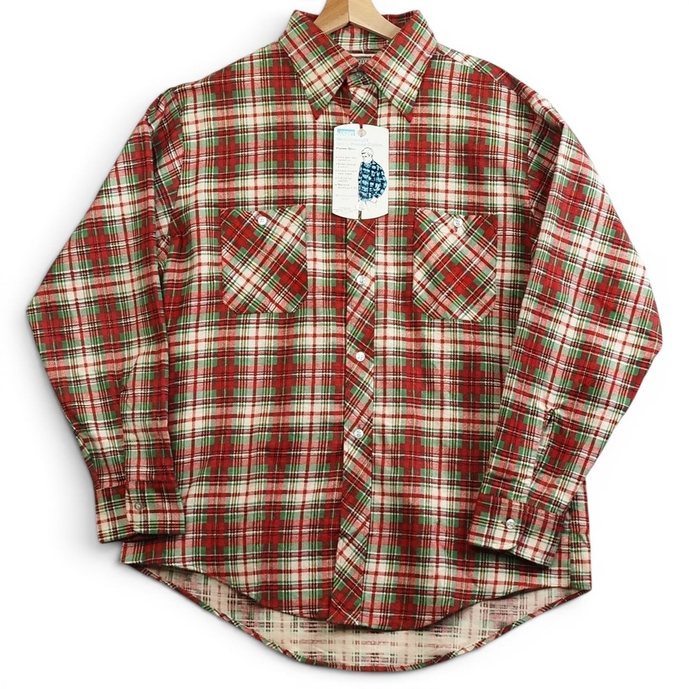 Montgomery‎ Ward Mens Flannel Shirt L Red Green Plaid 70s Holiday Workwear NWT